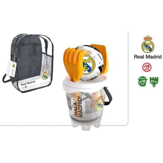 MOCHILA CUBO CASTILLO REAL MADRID DIAMETRO18CM CON PALA,RASTRILLO Y BALON DE 13 CM. image 0
