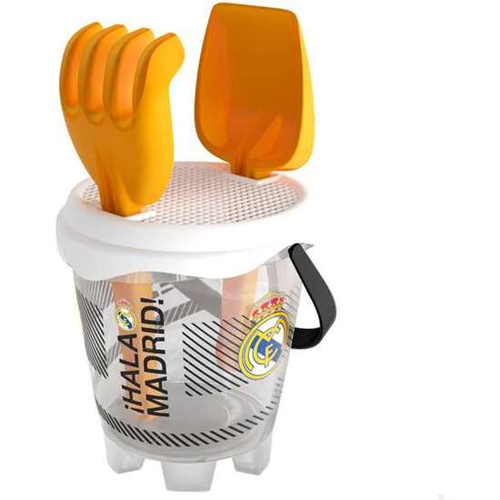 CUBO PLAYA CASTILLO REAL MADRID DIAMETRO 18CM CON PALA,RASTRILLO Y CEDAZO. image 0
