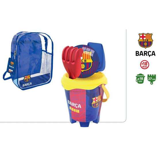 MOCHILA CUBO PLAYA CASTILLO BARCELONA DIAMERTRO18CM CON RASTRILLO,PALA Y BALON 13 CM image 0