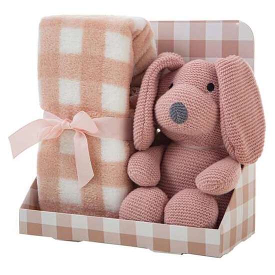 SET CAJA MANTA CUADROS 90 X75 CM ROSA PALO + PERRO 26 CM image 1