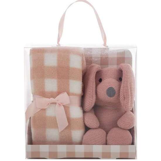 SET CAJA MANTA CUADROS 90 X75 CM ROSA PALO + PERRO 26 CM image 2