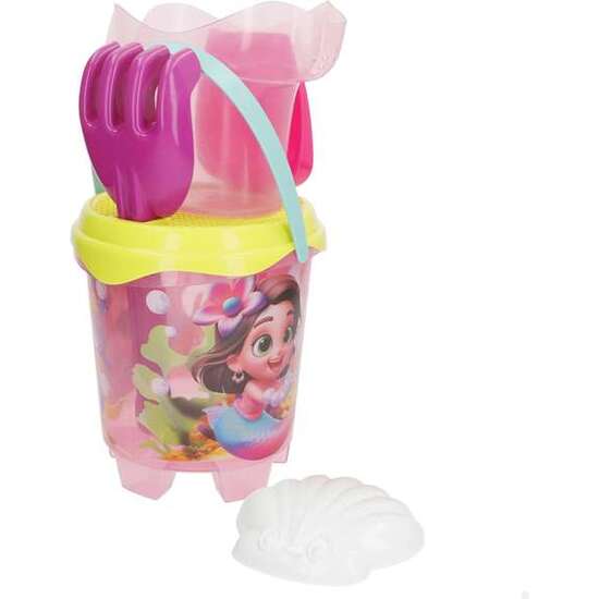 CUBO DE PLAYA CASTILLO PERLA DEL MAR DIAMETRO18 CM CON PALA,RASTRILLO Y REGADERA. image 0