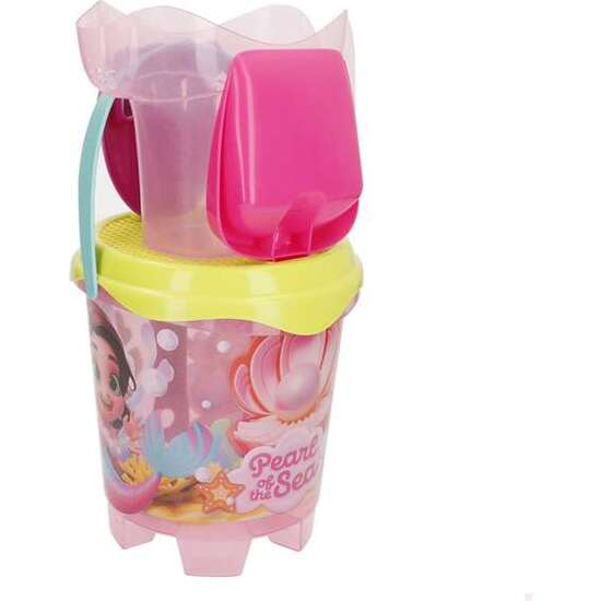 CUBO DE PLAYA CASTILLO PERLA DEL MAR DIAMETRO18 CM CON PALA,RASTRILLO Y REGADERA. image 1