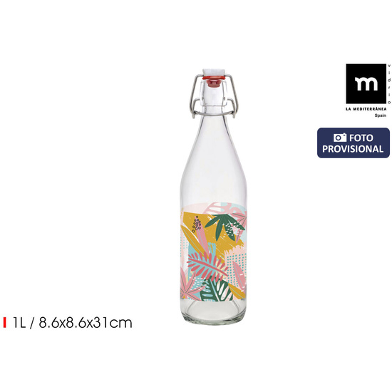 BOTELLA VIDRIO 1L C/TAPON HERMET DECORADA image 0