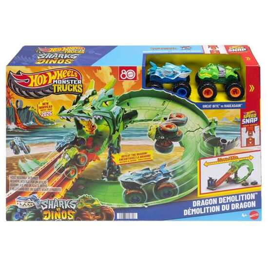 PISTA HOT WHEELS MONSTER TRUCKS SHARKS VS DINOS DRAGON DESTRUCTION. INCLUYE 2 COCHES. 53,34X60X35,56 CM image 0