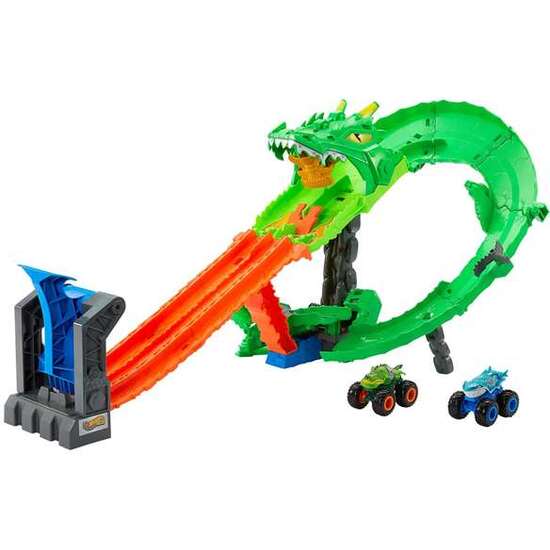 PISTA HOT WHEELS MONSTER TRUCKS SHARKS VS DINOS DRAGON DESTRUCTION. INCLUYE 2 COCHES. 53,34X60X35,56 CM image 2
