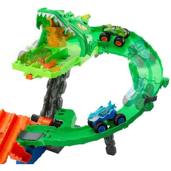 PISTA HOT WHEELS MONSTER TRUCKS SHARKS VS DINOS DRAGON DESTRUCTION. INCLUYE 2 COCHES. 53,34X60X35,56 CM image 3