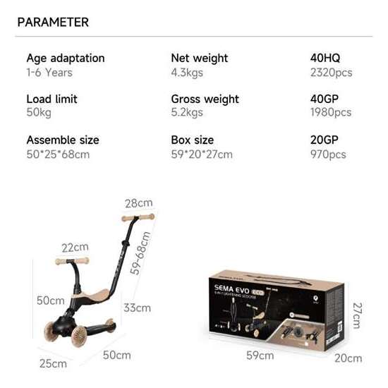 PATINETE QPLAY/SEMA  EVO -  BEIGE  6 EN 1  CON LUCES image 2