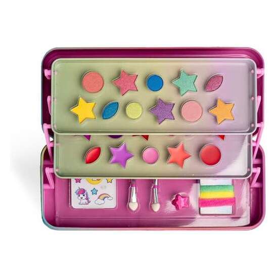 ESTUCHE MARTINELIA LITTLE UNICORN TIN DE 3 NIVELES. CONTIENE 11 SOMBRAS DE OJOS, 11 BRILLOS DE LABIOS, 2 APLICADORES, 3 GOMAS DE PELO Y 2 PINZAS image 0