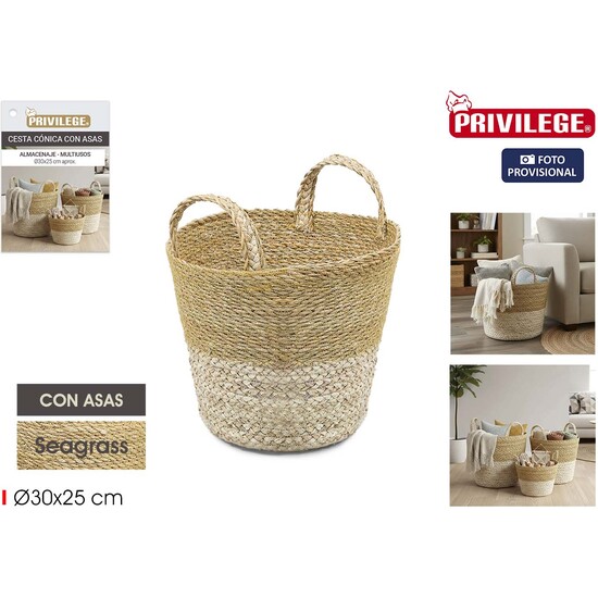 CESTA CONICA SEAGRASS C/ASAS 30CM PRIVILEGE image 0