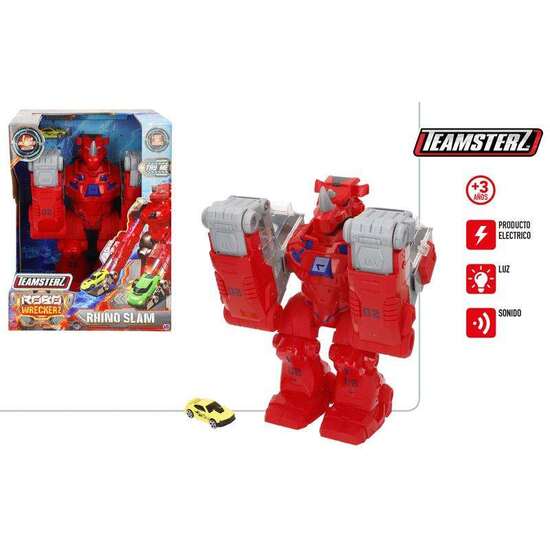 ROBOT RINO LANZACOCHES CON LUZY SONIDO. INCLUYE1 COCHE METAL. image 0