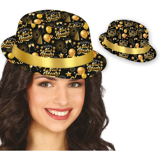 GORRO GANGSTER HAPPY NEW YEAR NEGRO Y DORADO image 0