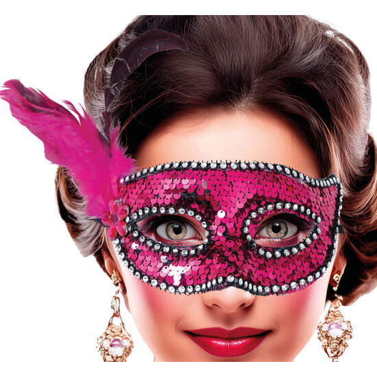 ANTIFAZ CON LENTEJUELAS Y PLUMAS ROSA, ADULTA image 0