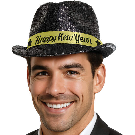GORRO GANGSTER HAPPY NEW YEAR LENTEJUELAS NEGRO image 0