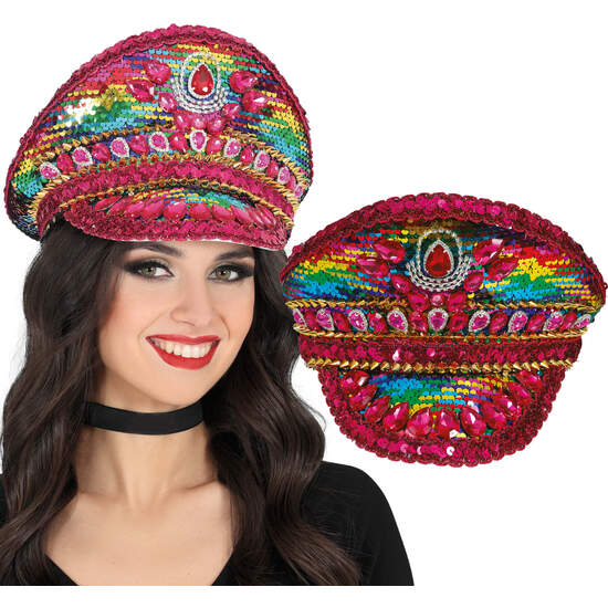 GORRO POLICIA ROSA CON PIEDRAS MULTICOLOR, ADULTO image 0
