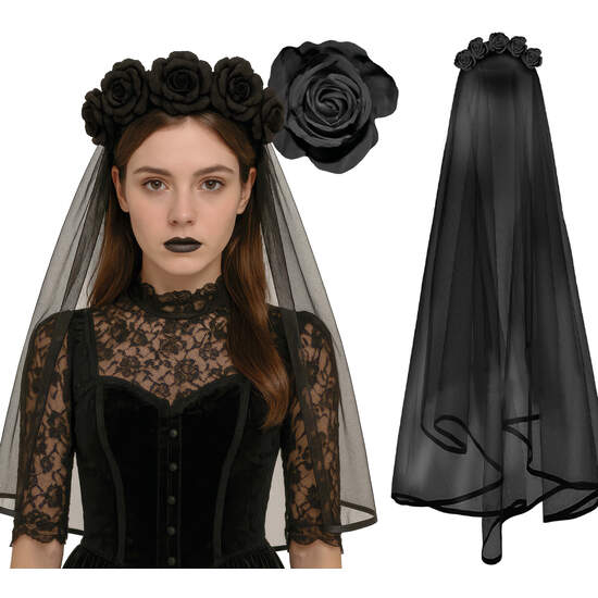 DIADEMA VELO NEGRO CON FLORES NEGRAS image 0