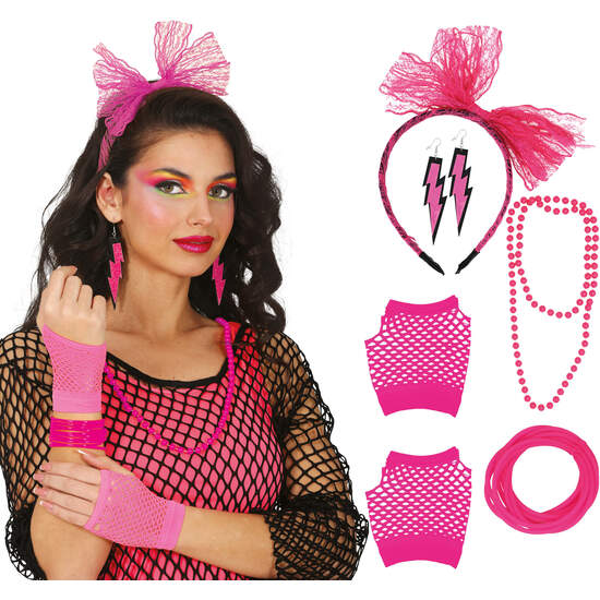 SET AÑOS 80 5PCS ROSA, ADULTA image 0