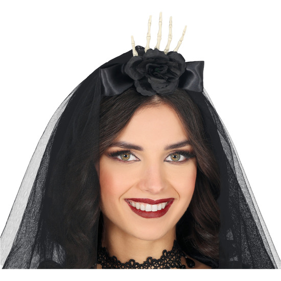 DIADEMA CON VELO MANO Y FLOR NEGRA image 0