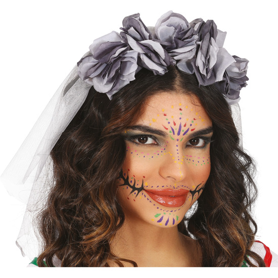 DIADEMA CON VELO Y FLORES GRISES image 0