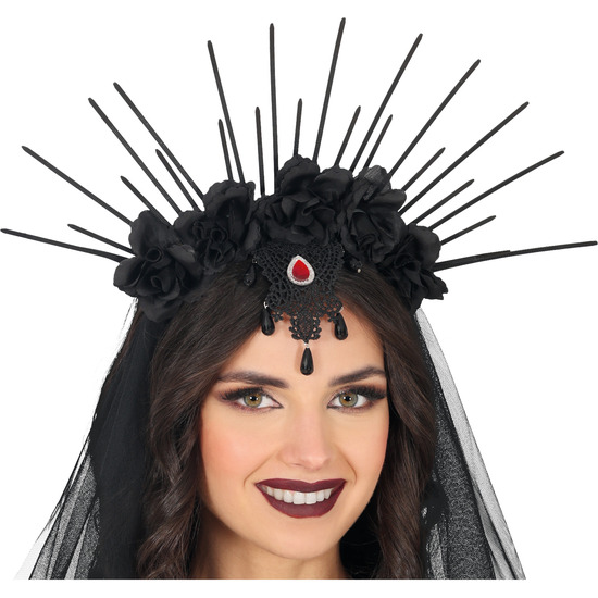 DIADEMA CON VELO Y FLORES NEGRAS image 0