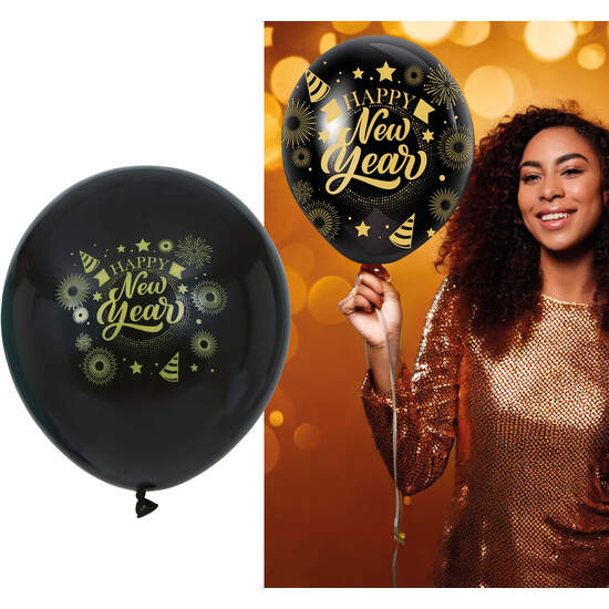 BOLSA 10 GLOBOS NEGROS HAPPY NEW YEAR image 0
