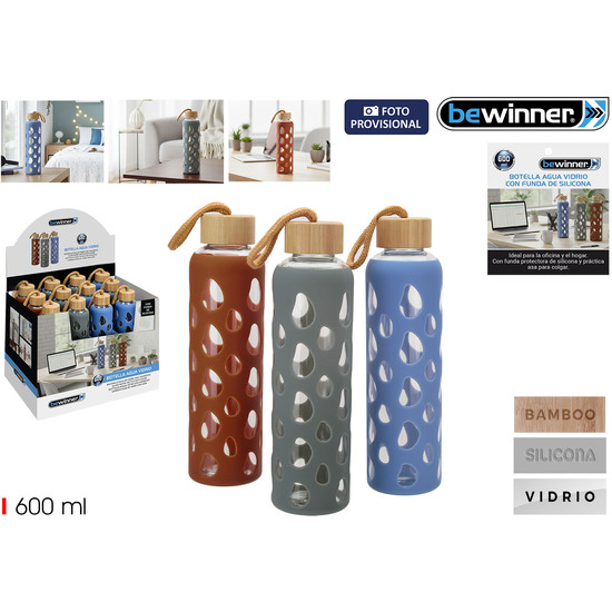 BOTELLA AGUA VIDRIO/SILICONA 600ML BEWINNER image 0