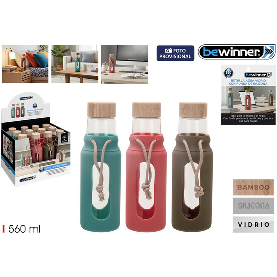 BOTELLA AGUA VIDRIO/SILICONA 560ML BEWINNER image 0