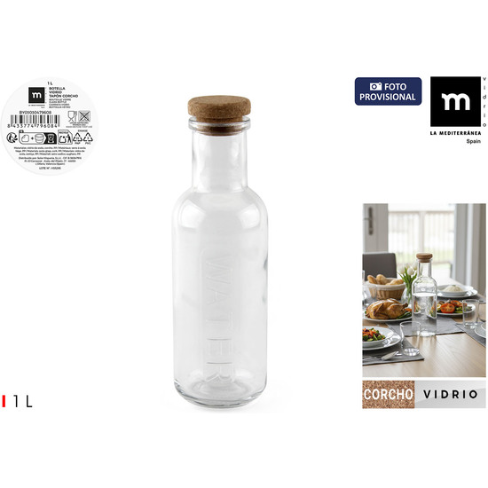 BOTELLA VIDRIO WATER T/CORCHO 1L LA MEDITERRANEA image 0