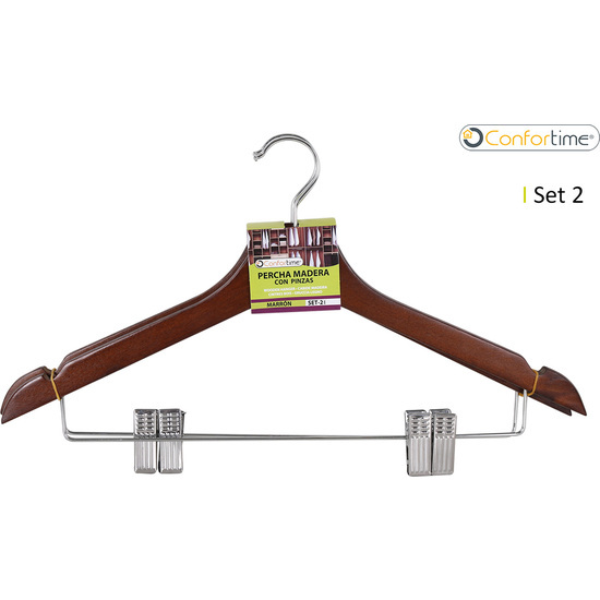 SET-2 BROWN WOODEN HANGER W/CLIPS CONFORTIME image 0