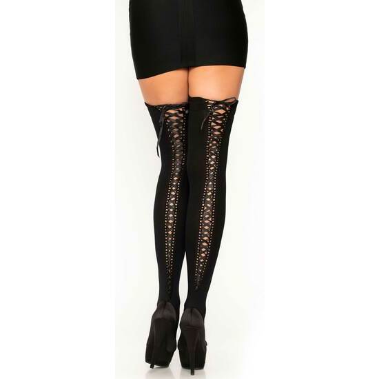 LEG AVENUE BLACK OPAQUE THIGH HIGHS WITH EYELET TRIM AND SATIN LACE UP BACK image 0