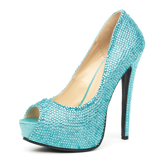 LEG AVENUE GLAMOUR TURQUOISE SATIN RHINESTONE PEEP TOE PUMP image 0