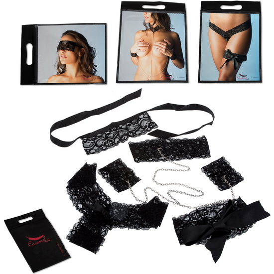 CARAMEL NUIT - SET OF CORSET WITH MATCHING THONG + HANDCUFFS AND COLLAR + MASK + GARTER + THONG FANTASY LOVE image 2