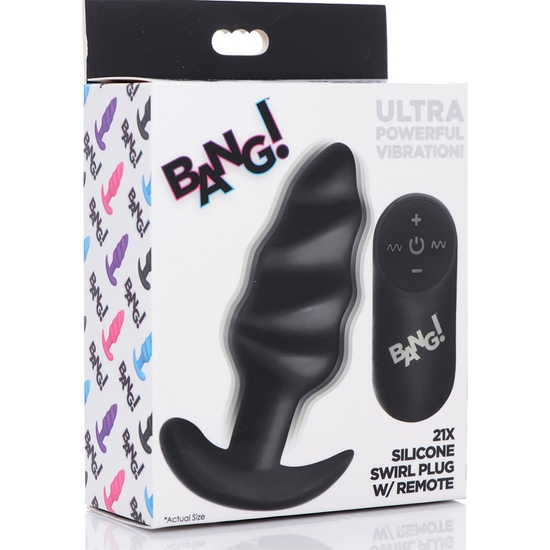 21X VIBRATING SILICONE SWIRL BUTT PLUG WITH REMOTE - BLACK image 1