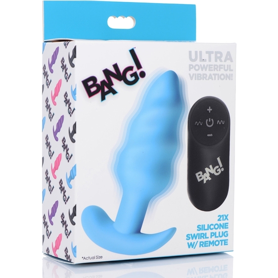 21X VIBRATING SILICONE SWIRL BUTT PLUG WITH REMOTE - BLUE image 1