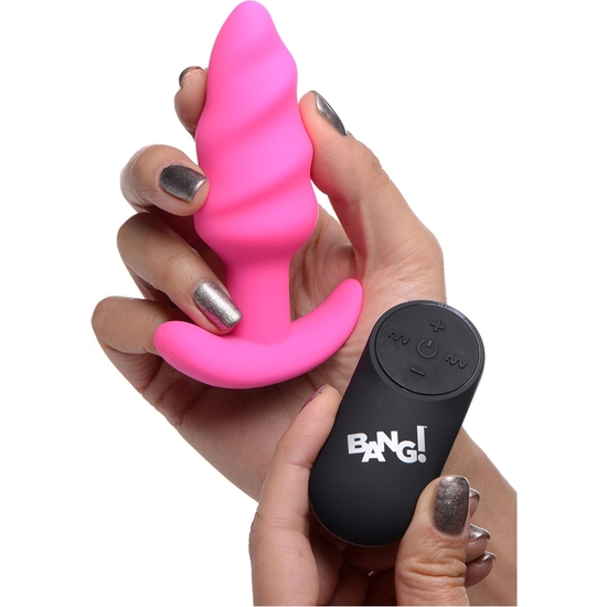 21X VIBRATING SILICONE SWIRL BUTT PLUG WITH REMOTE - PINK image 2