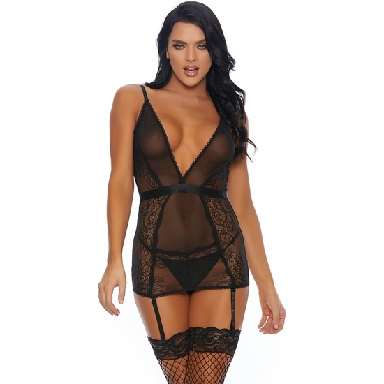 A SHEER THING CHEMISE WITH GARTER STRAPS AND PANTY BLACK image 0